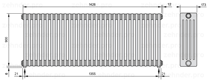Схема (чертеж) Радиатор Zehnder Charleston 5090/31 №3570 Белый глянцевый RAL 9016
